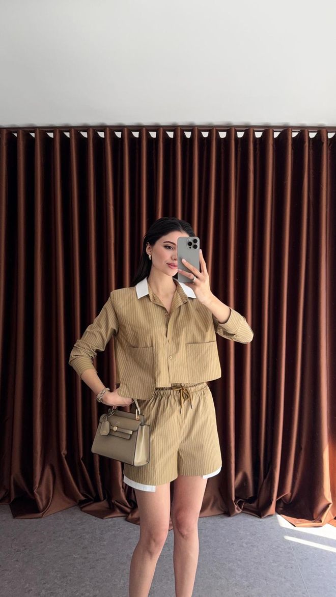 Cream Rouge Beige Striped Paper Bag High Waist Shorts Wholesale Clothing Casual