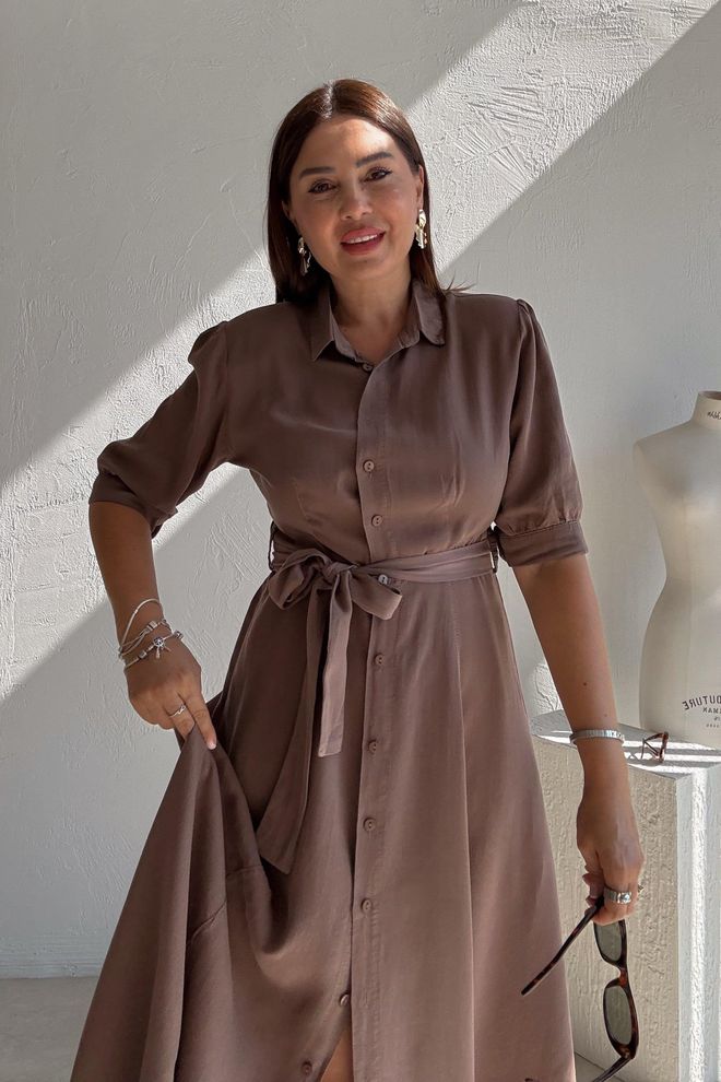 Cream Rouge Καφέ Κομψό Πουκάμισο Φόρεμα Με Γιακά Σάλι Midi Χονδρικό εμπόριο ενδυμάτων Casual