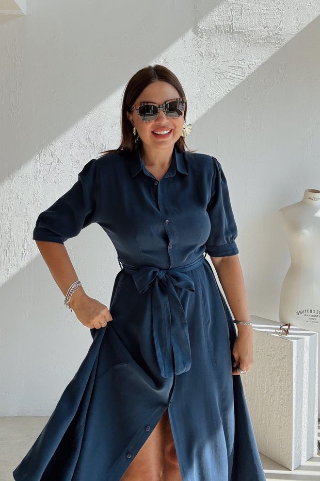 Cream Rouge Navy Blue Midi Shirt Dress With 3/4 Sleeves Wholesale Clothing Casual
