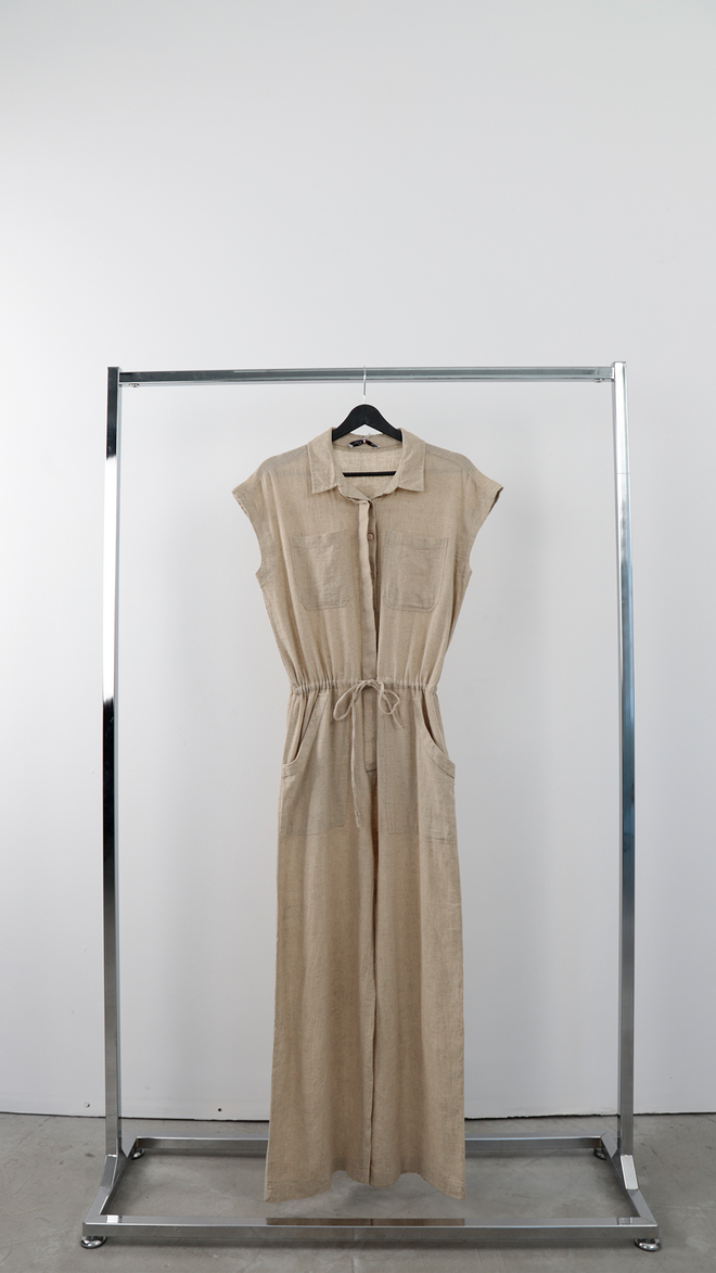 Cream Rouge Beige Jumpsuit Shirt Style With Shawl Collar Wholesale Clothing 0