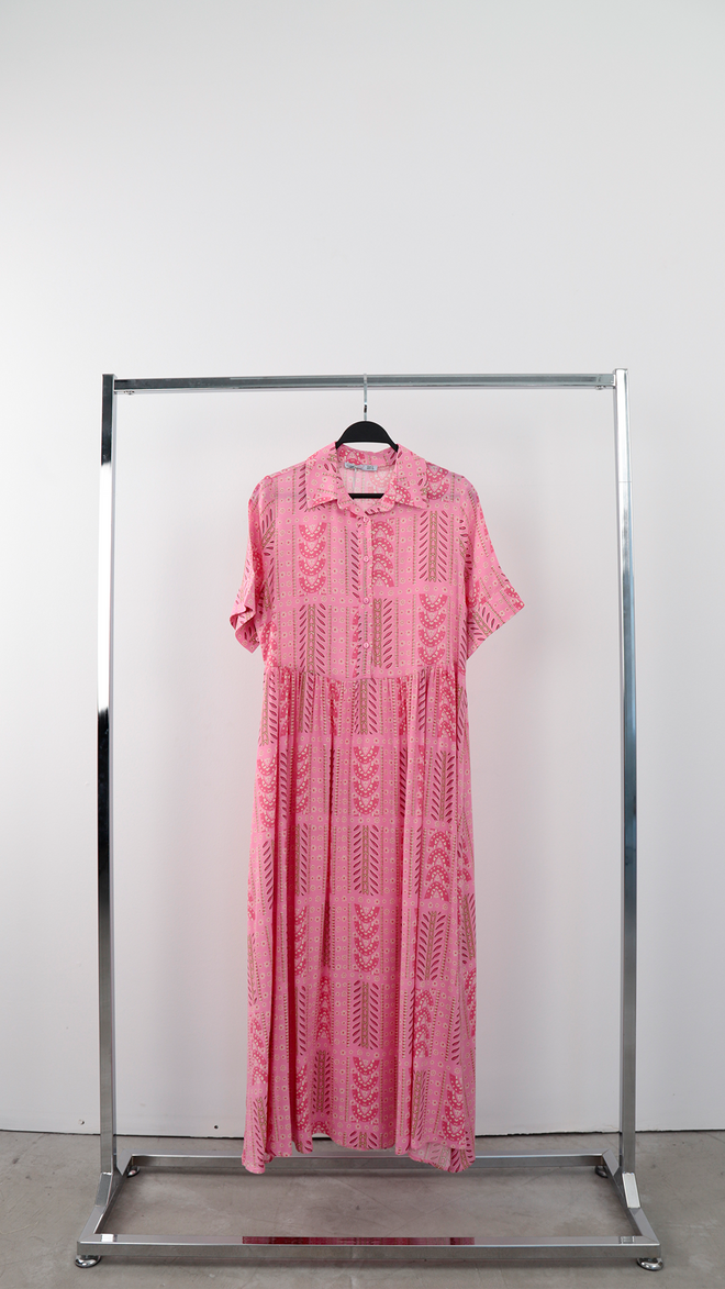 Cream Rouge Pembe Gündelik Boho Geometrik Çiçekli Maxi Gömlek Elbise Toptan Giyim Gündelik