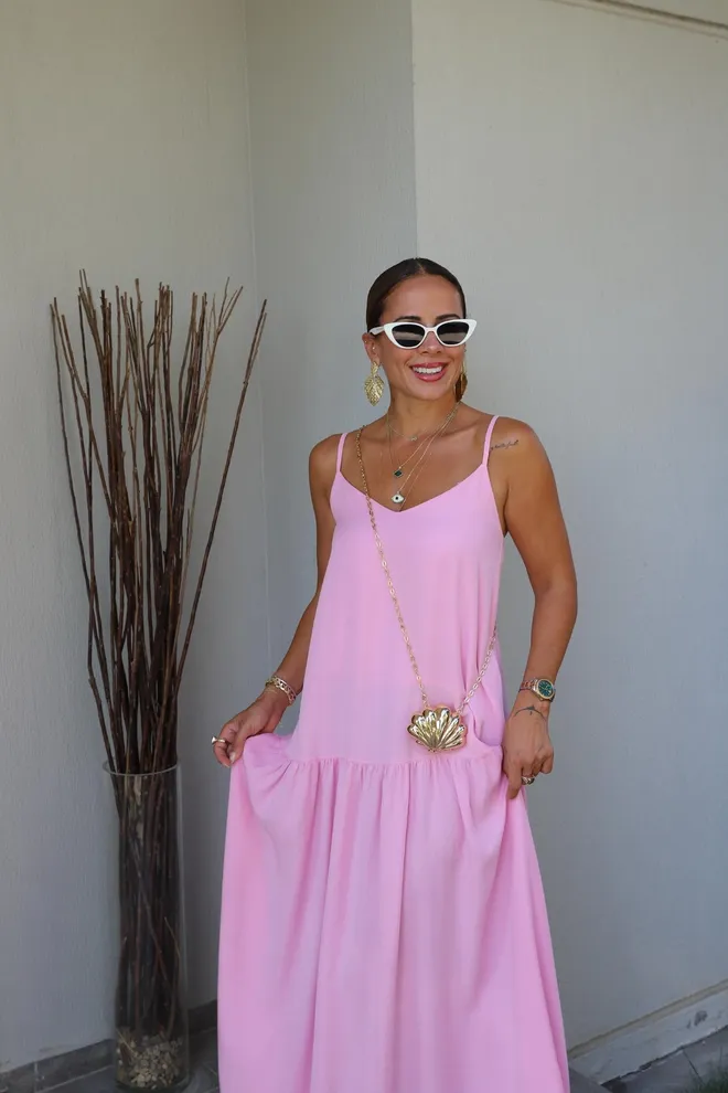 Cream Rouge Pink Slip Maxi Dress With V Neck & Cap Sleeves Wholesale Clothing 1