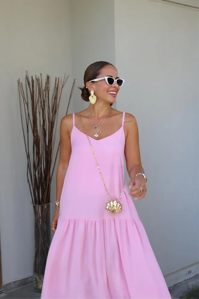 Cream Rouge Pink Slip Maxi Dress With V Neck & Cap Sleeves Wholesale Clothing Summer