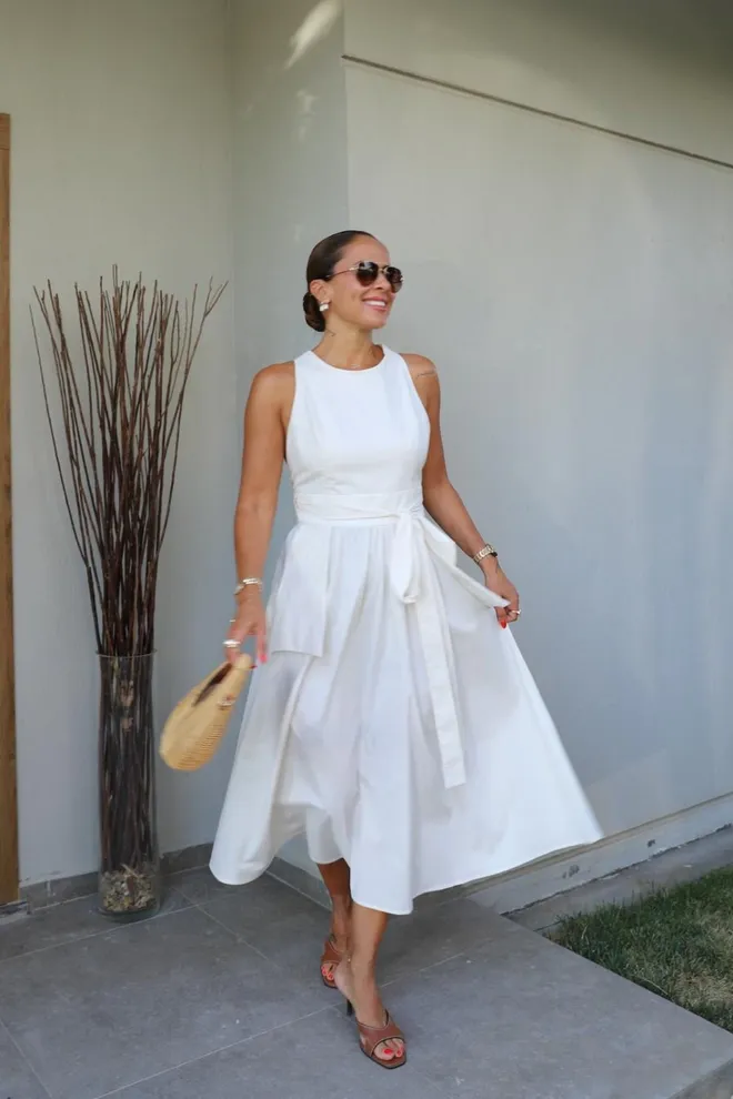 Cream Rouge Beyaz Fit & Flare Midi Elbise Toptan Giyim Gündelik