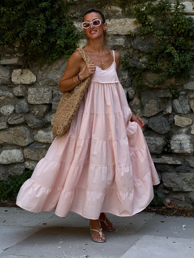 Cream Rouge Pink Babydoll Maxi Dress With V Neck Sleeveless Style Wholesale Clothing Casual