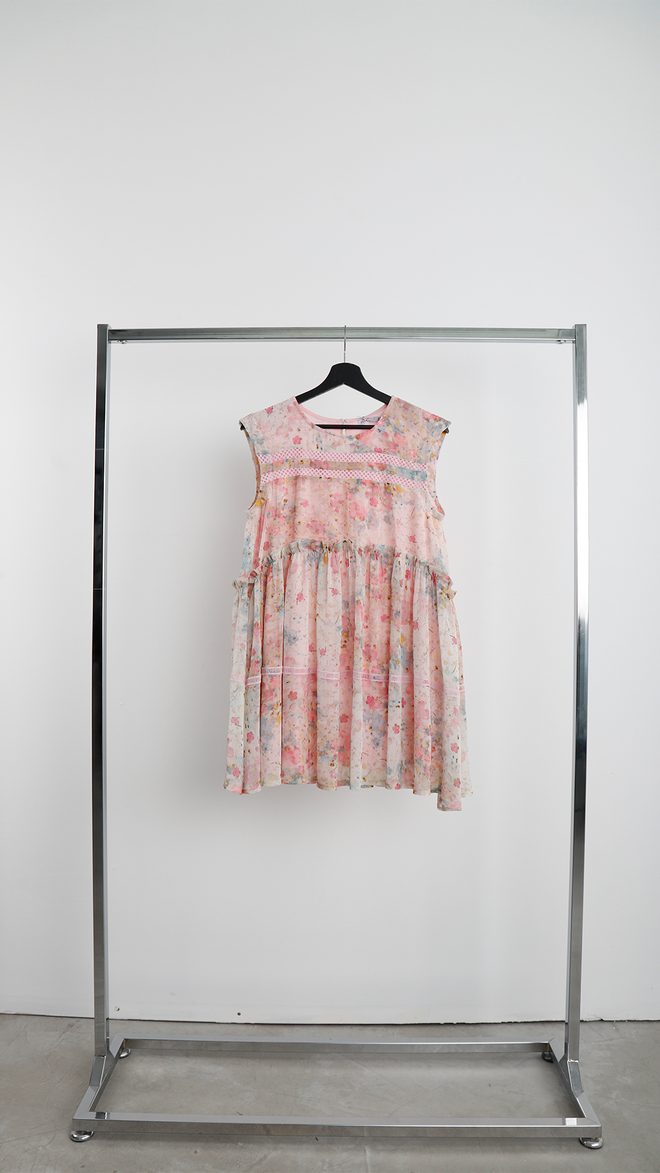 Cream Rouge Pink Floral Babydoll Dress Cute Mini Cap Sleeve Wholesale Clothing Casual