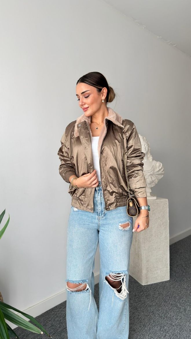 Cream Rouge Kahverengi Bomber Kaban Kapaklı Ceplerle Toptan Giyim Gündelik