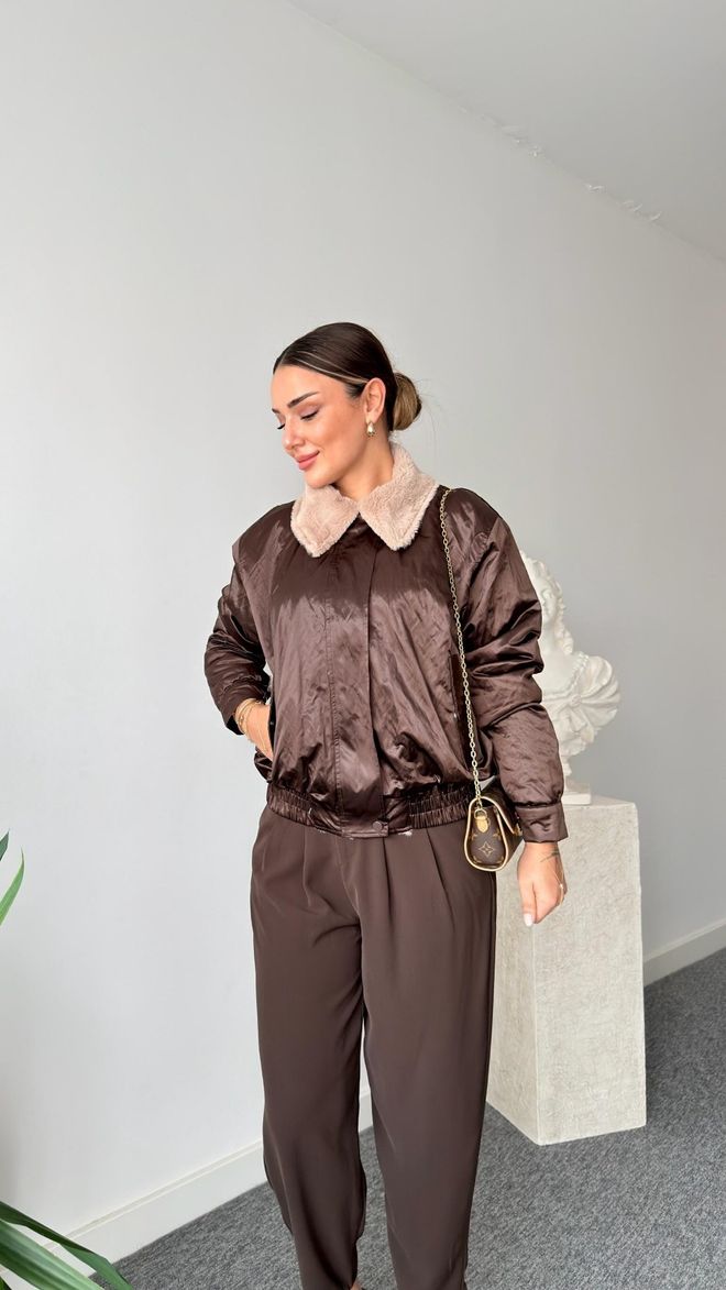 Cream Rouge Brown Bomber Coat With Snap Closure And Flap Pocket Wholesale Clothing 1