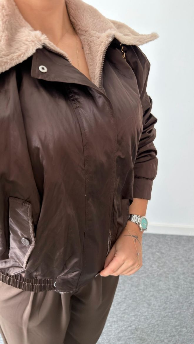 Cream Rouge Brown Bomber Coat With Snap Closure And Flap Pocket Wholesale Clothing Lounge