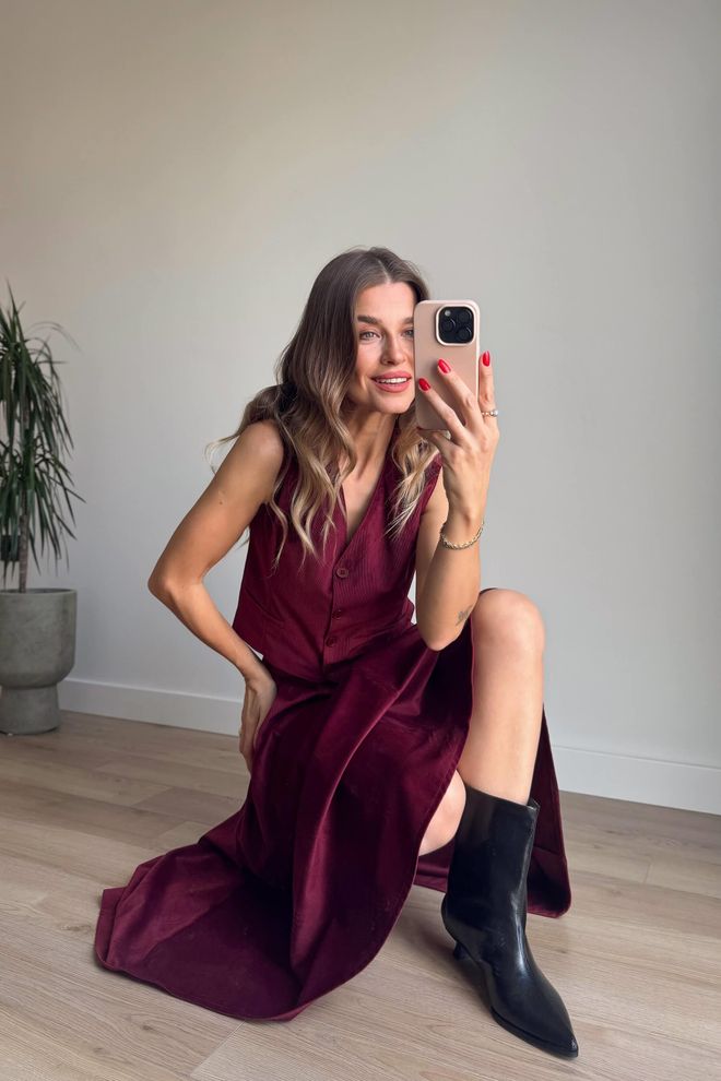 Cream Rouge Bordo Yüksek Bel Maksı İspanyol Paça Etek Düğmeli Toptan Giyim Gündelik