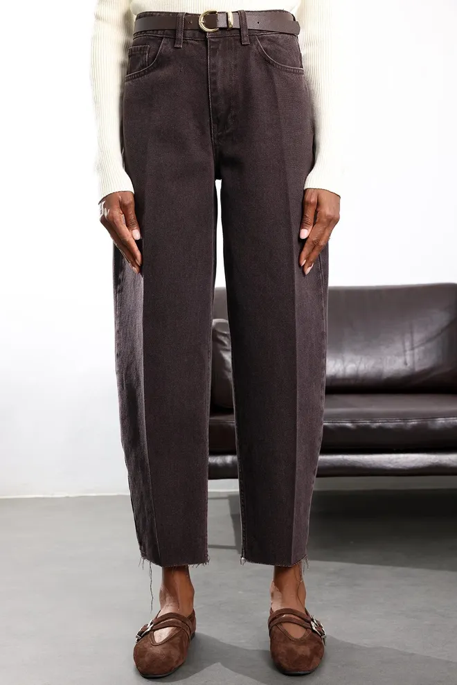 Cream Rouge Brown Mom Pants High Waist Cropped Straight Leg Wholesale Clothing Winter