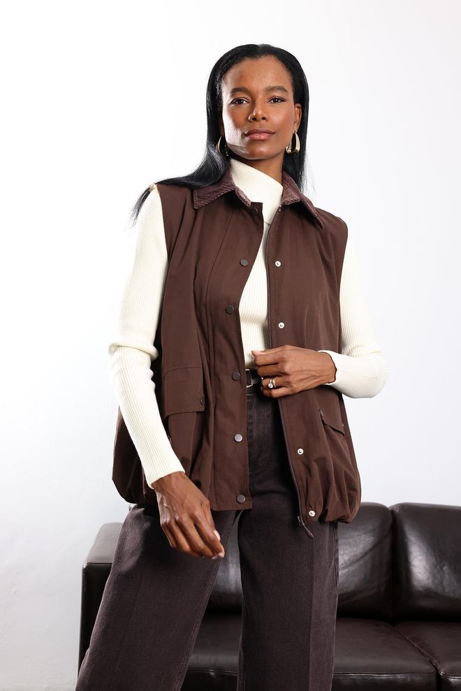 Cream Rouge Kahverengi Bol Kesim Günlük Yelek Çıtçıtlı Kapatma Toptan Giyim Tesettür