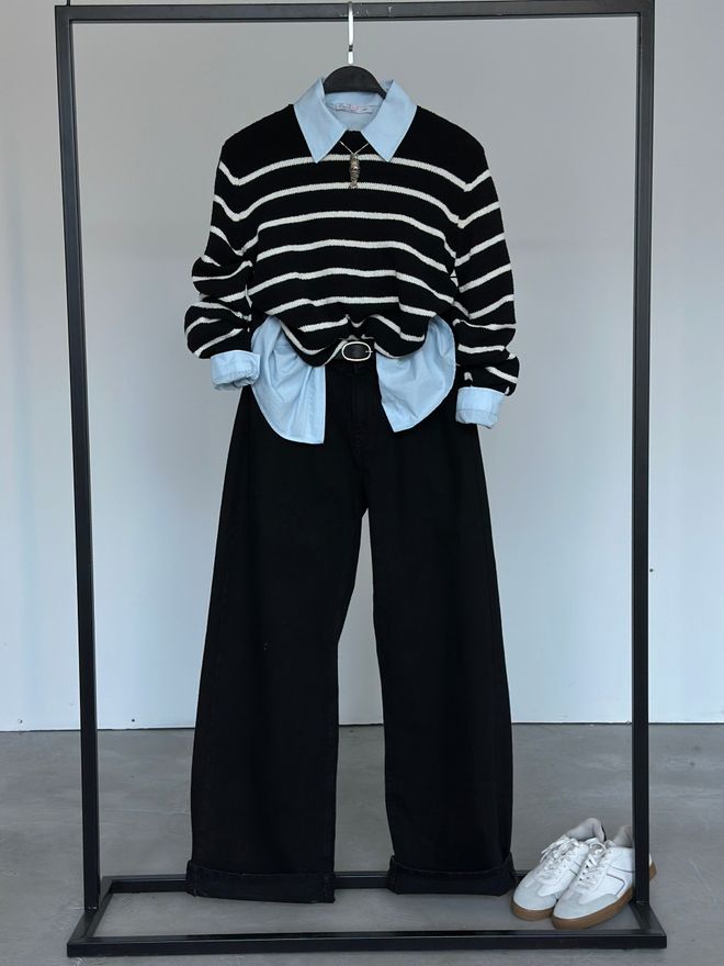 Cream Rouge Siyah Mom Kot Pantolon Yüksek Bel Ve Geniş Paça Toptan Giyim Gündelik