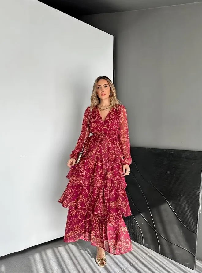 Cream Rouge Μπορντό Wrap Φόρεμα Μάξι Με Φλοράλ Σχέδιο Χονδρικό εμπόριο ενδυμάτων Απλό