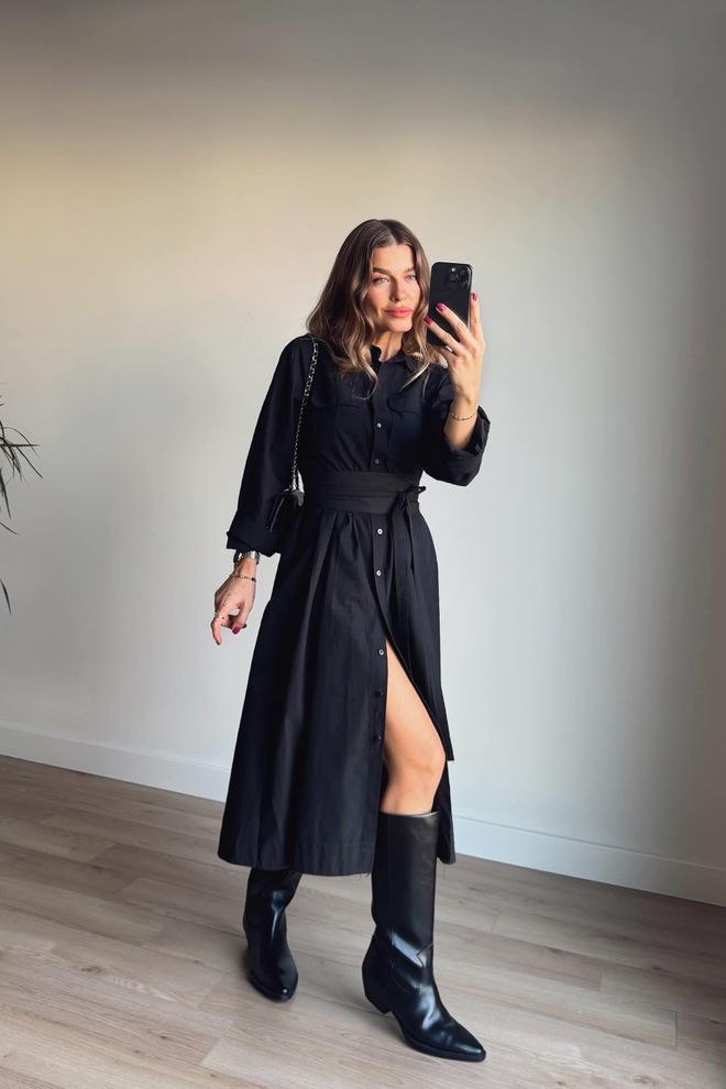 Cream Rouge Vestito Camicia Nero Elegante Con Collo A Scialle Abbigliamento all'ingrosso Modesto