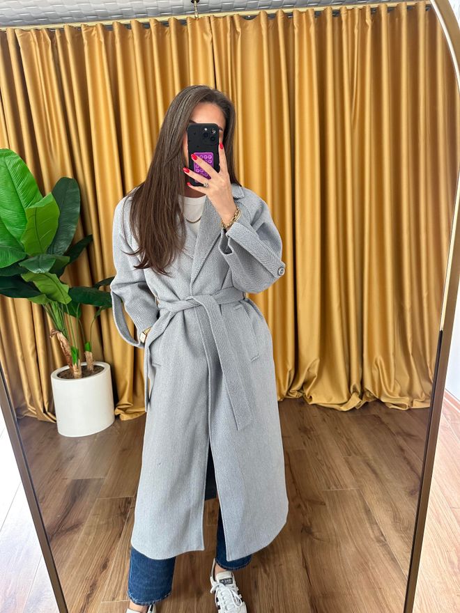 Cream Rouge Cappotto Grigio Avvolgente Con Motivo A Spina Di Pesce Abbigliamento all'ingrosso Casuale