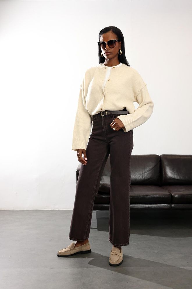 Cream Rouge Pantaloni Mom Marroni A Vita Alta E Gamba Dritta Abbigliamento all'ingrosso Casuale