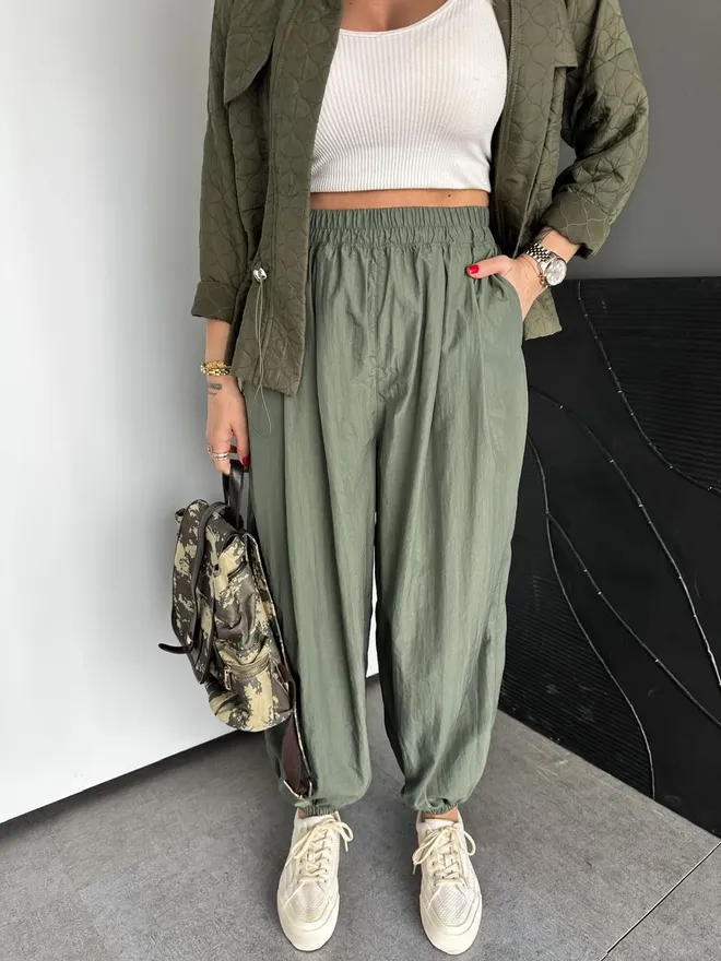 Cream Rouge Green Casual Sport Jogger Pants Wholesale Clothing 1