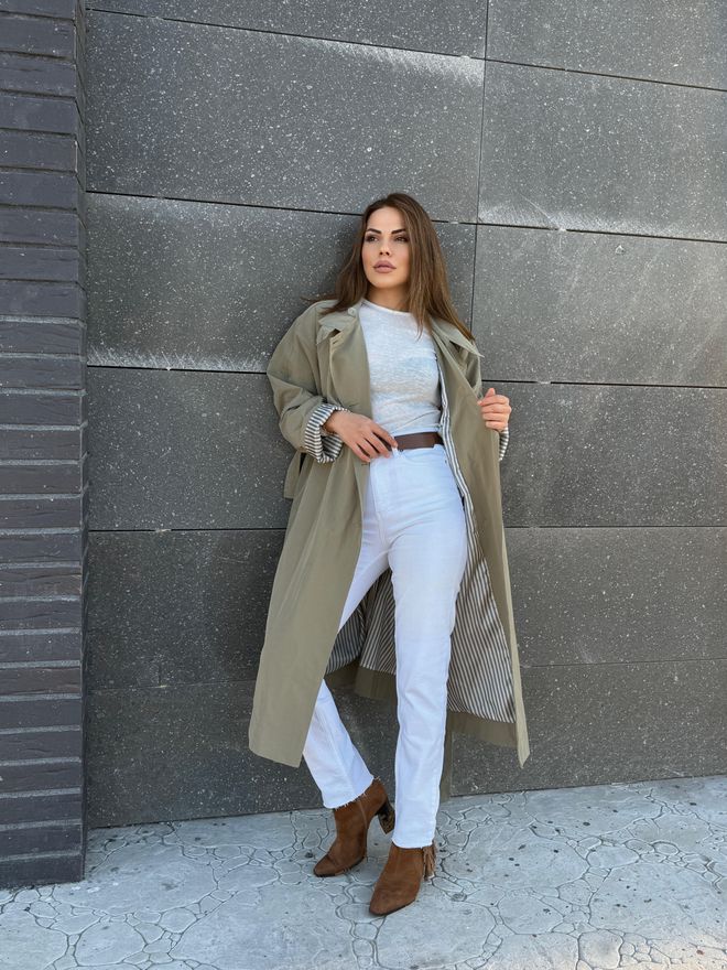 Cream Rouge Trench Kaki Elegante Monopetto Con Collare Dentellato Abbigliamento all'ingrosso Casuale