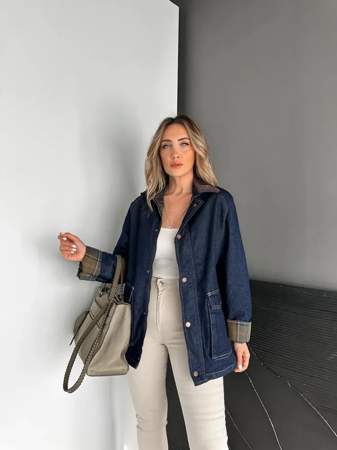 Cream Rouge Μπλε Casual Καρό Σακάκι Αυτοκινήτου Με Τσέπες Με Πτερύγιο Χονδρικό εμπόριο ενδυμάτων Casual