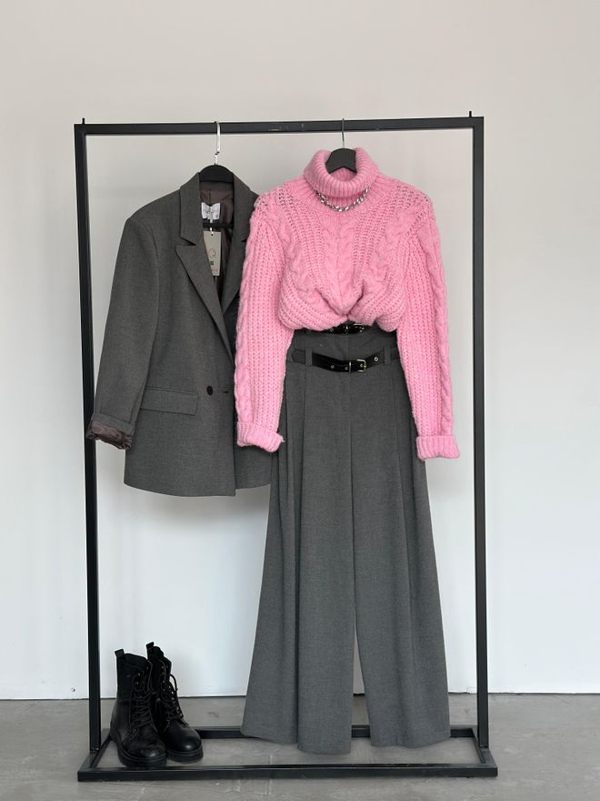 Cream Rouge Pantaloni Palazzo Formali Grigi Vita Alta Gamba Larga Abbigliamento all'ingrosso Inverno