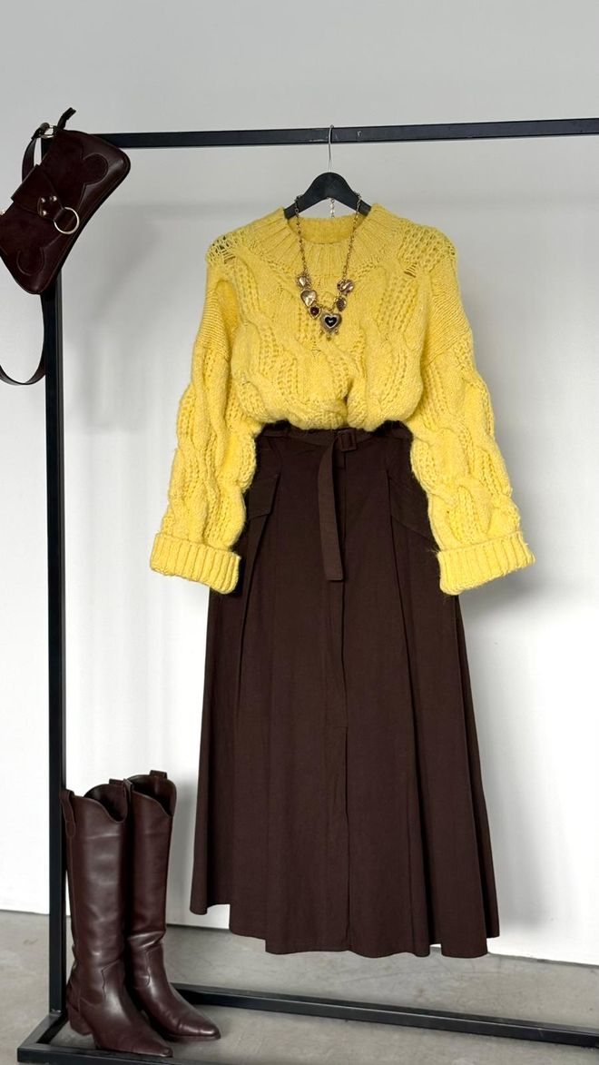 Cream Rouge Gonna Marrone A Line Midi Con Vita Alta E Chiusura Con Fibbia Abbigliamento all'ingrosso Modesto