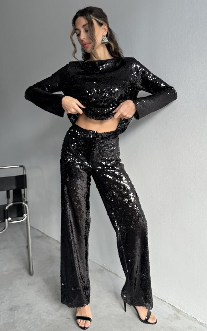 Cream Rouge Pantaloni Palazzo Neri Con Paillettes Glam Abbigliamento all'ingrosso Sexy