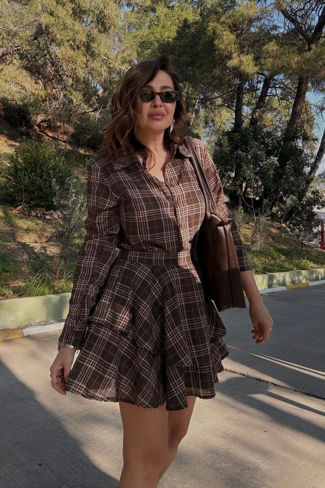 Cream Rouge Braune Karierte Culottes Hose Mit Hoher Taille Und Ausgestelltem Bein Cropped Großhandelskleidung Lässig