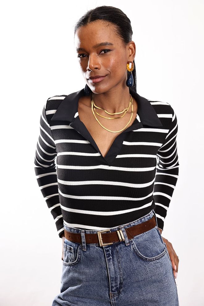 Cream Rouge Czarna Prążkowana Koszulka Slim Fit Z Kołnierzem Polo Hurtowa sprzedaż odzieży Casual