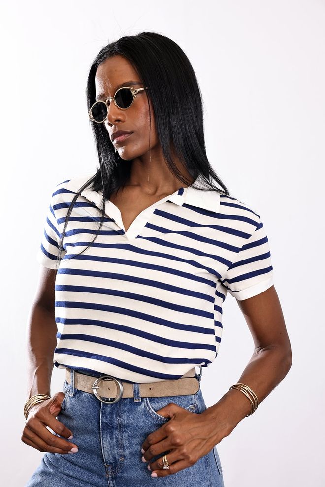 Cream Rouge Biały T shirt W Paski Z Kołnierzykiem Polo Hurtowa sprzedaż odzieży Casual