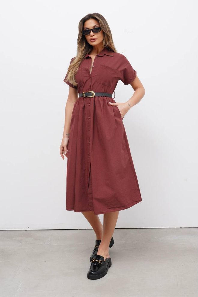 Cream Rouge Kahverengi Gömlek Elbise Kısa Kol Ve Çentikli Yaka İle Toptan Giyim Gündelik