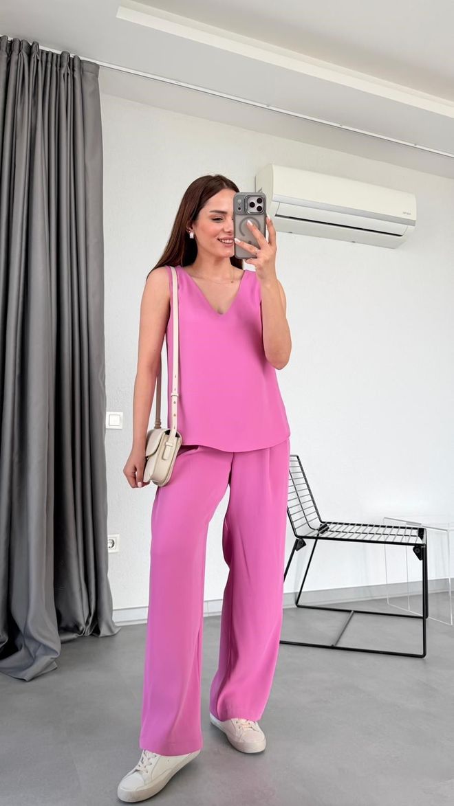 Cream Rouge Różowe Szerokie Spodnie Palazzo – Długie Wysoki Stan Hurtowa sprzedaż odzieży Casual