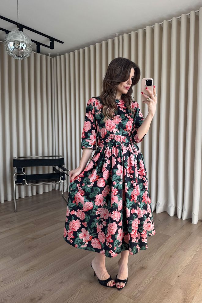 Cream Rouge Siyah Fit And Flare Midi Elbise Çiçekli Desenli Toptan Giyim Tesettür