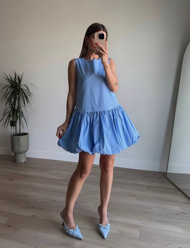 Cream Rouge Mavi Babydoll Mini Elbise Japone Kol Detaylı Toptan Giyim Gündelik