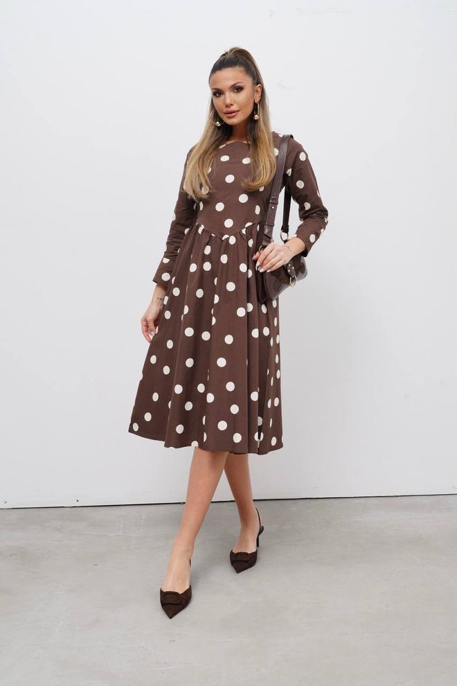 Cream Rouge Brown Polka Dot Fit And Flare Dress Wholesale Clothing Modest