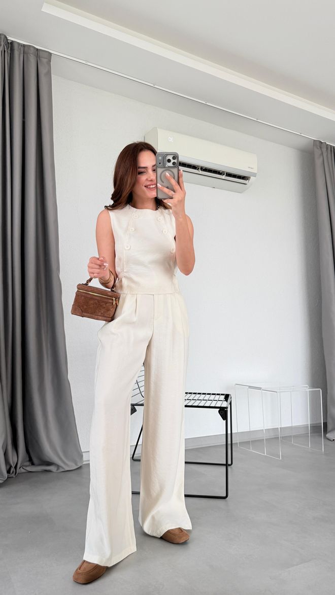 Cream Rouge Beige Palazzo Pants High Waist Wide Leg Zip Up Wholesale Clothing Casual