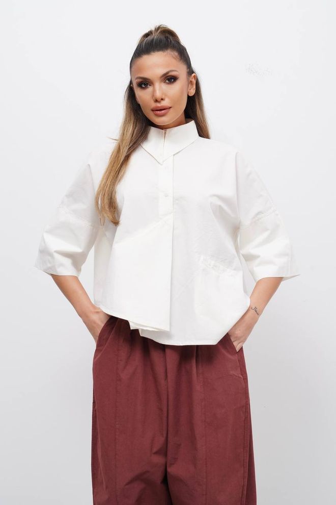 Cream Rouge Beyaz Bol Kalıp Gündelik Gömlek Çentikli Yaka Toptan Giyim Gündelik