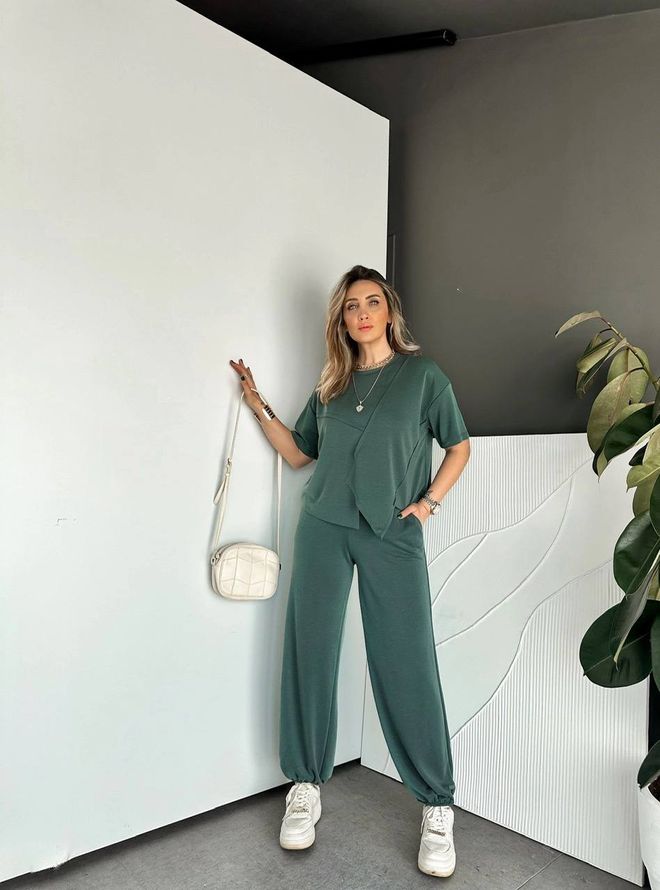 Cream Rouge Зелен Небрежен Спортен Анцуг Комплект С Балон Джогър Панталони Дрехи на едро Небрежен