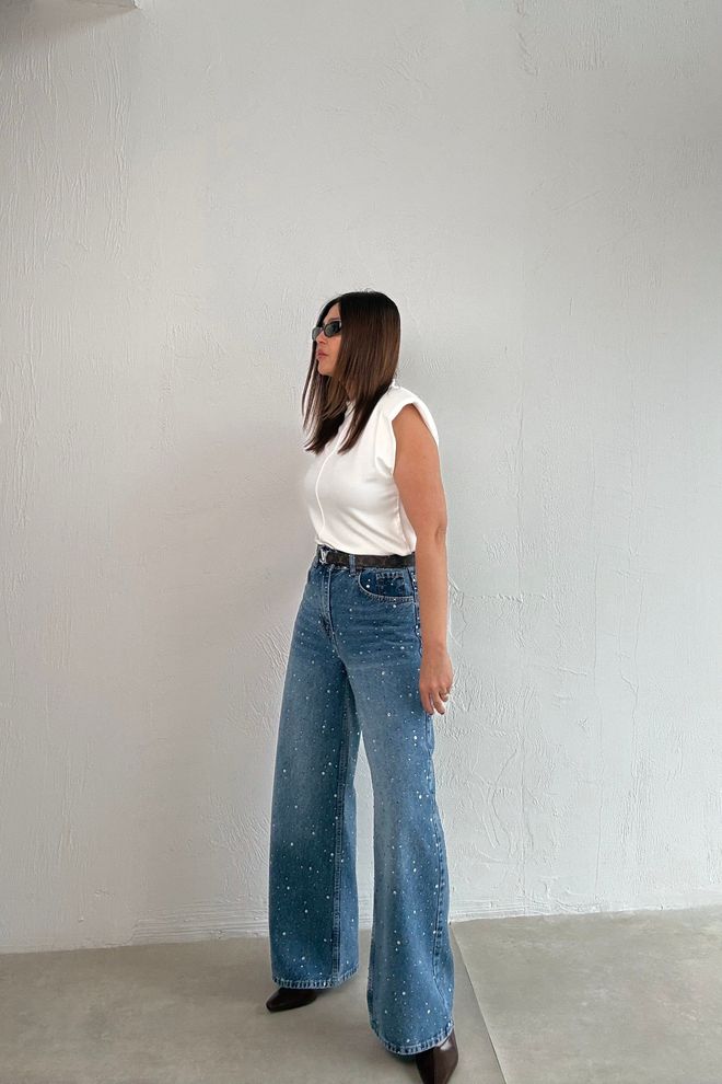 Cream Rouge Mavi Palazzo Pantolon Yüksek Bel Ve Payet Detaylı Toptan Giyim Gündelik