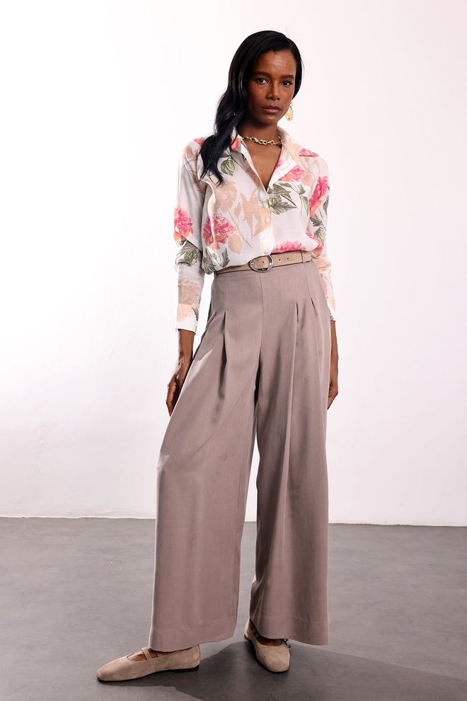 Cream Rouge Zarif Bej Palazzo Pantolon Yüksek Bel İle Toptan Giyim Gündelik