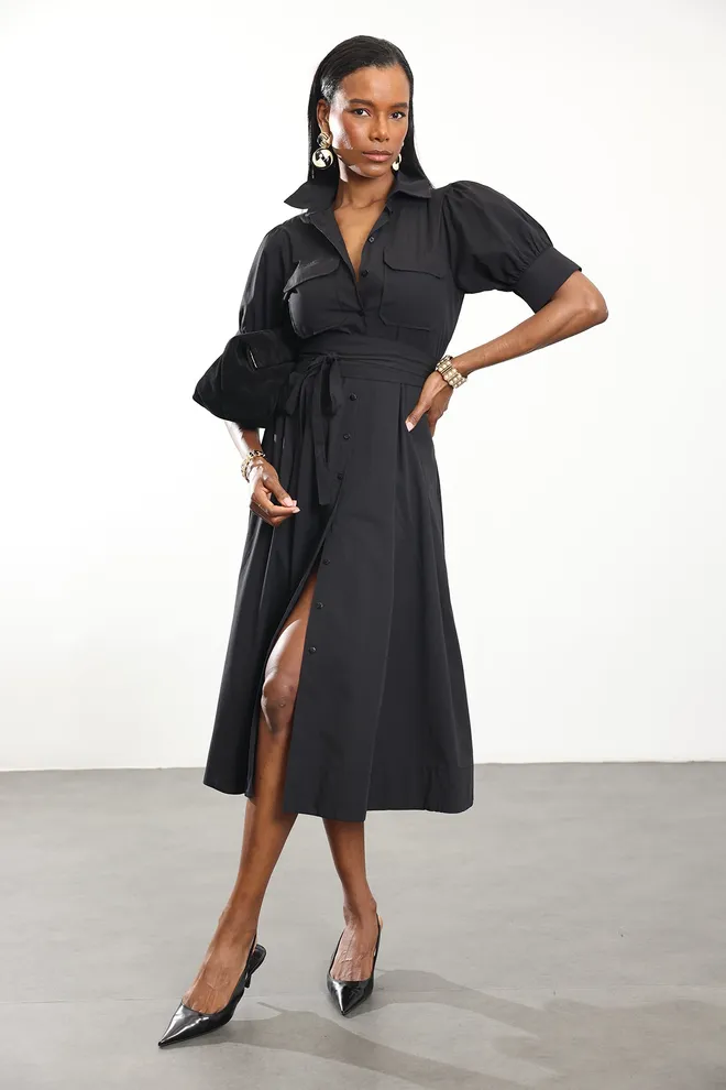 Cream Rouge Vestito Camicia Midi Nero Elegante Con Maniche A Sbuffo Abbigliamento all'ingrosso Casuale