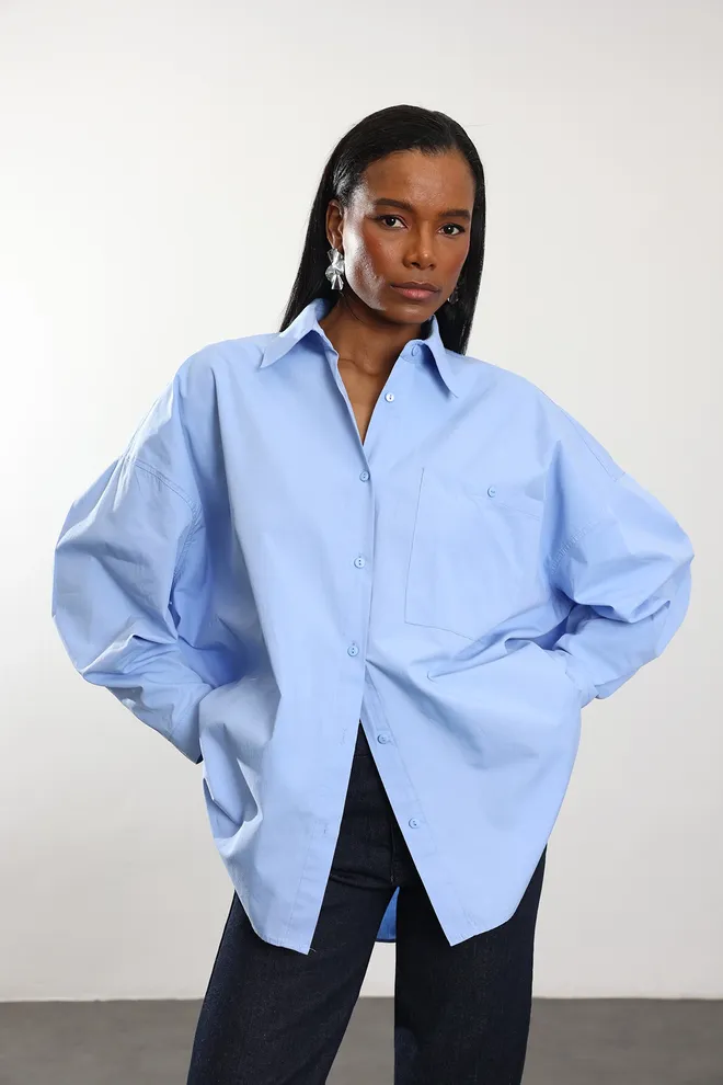 Cream Rouge Синя Асиметрична Мини Пола С Копчета Дрехи на едро Небрежен