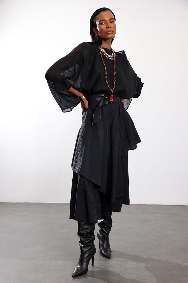 Cream Rouge Black Elegant High Waist Palazzo Pants Wholesale Clothing Modest