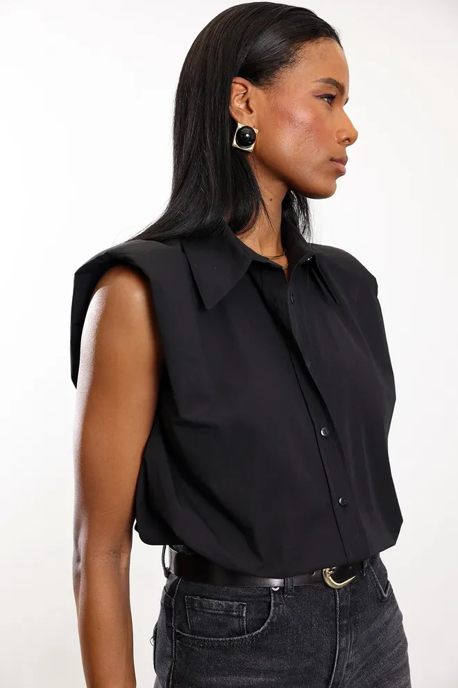 Cream Rouge Black Sleeveless Notched Neck Shirt Wholesale Clothing Casual