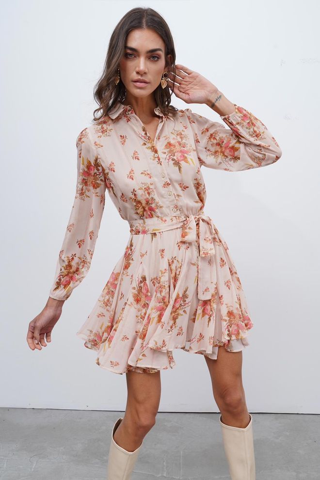 Cream Rouge Beiges Mini Hemdkleid Mit Floralem Muster Und Gekerbtem Hals Großhandelskleidung Lässig