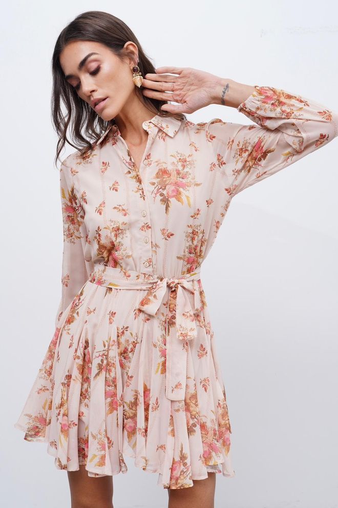 Cream Rouge Beige Floral Mini Shirt Dress With Notched Neck Wholesale Clothing 1