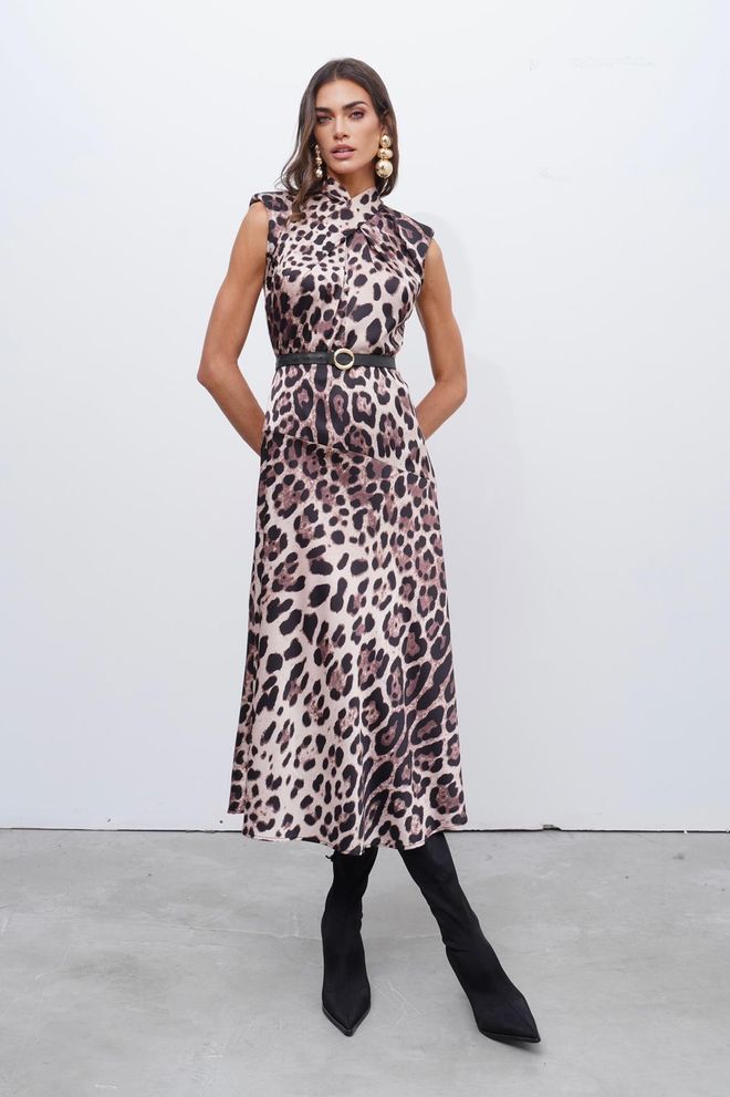 Cream Rouge Elegantes Braunes A Linien Kleid Mit Leopardenmuster Großhandelskleidung Jahrgang