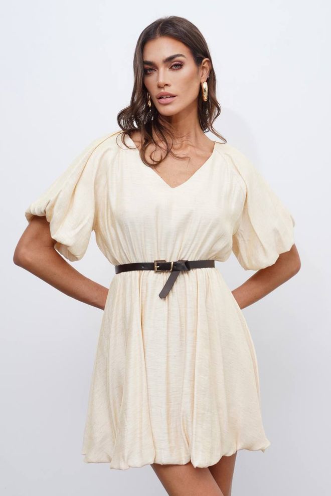 Cream Rouge Beiges Fit and Flare Kleid Mit Puffärmeln Großhandelskleidung Lässig