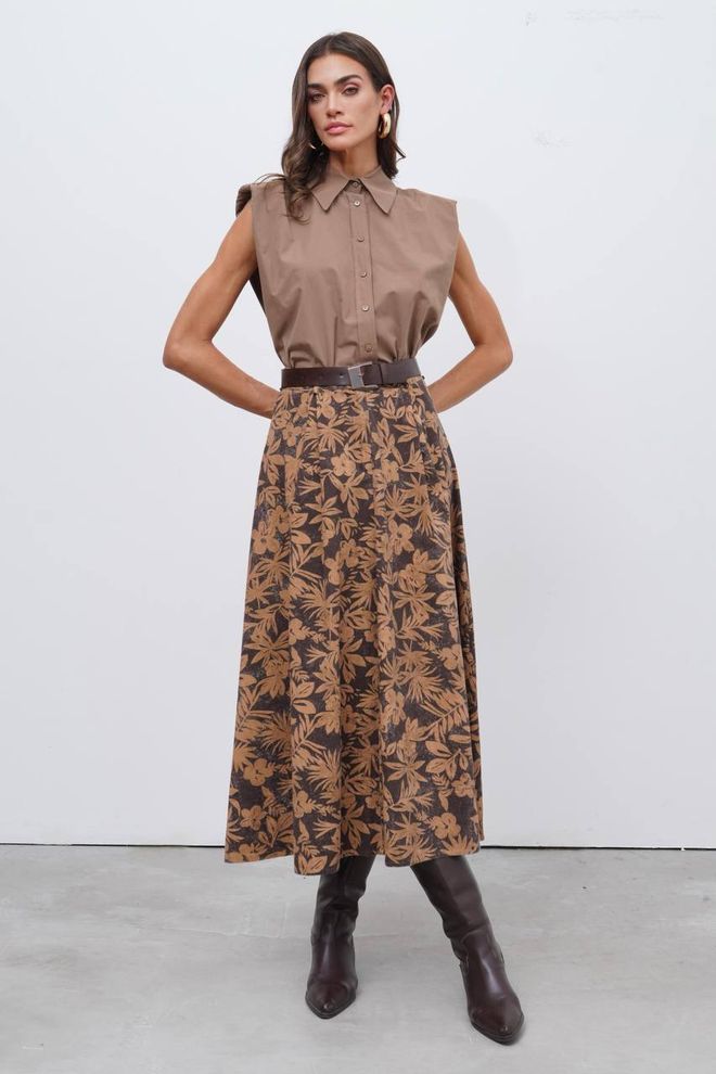 Cream Rouge Кафява Пола А силует Миди С Висока Талия Дрехи на едро Небрежен