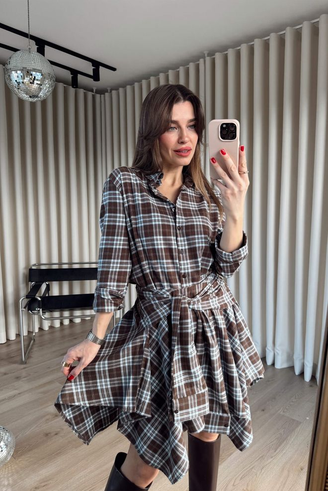 Cream Rouge Brauner Karierter Asymmetrischer Mini Rock Mit Mittlerer Taille Großhandelskleidung Lässig